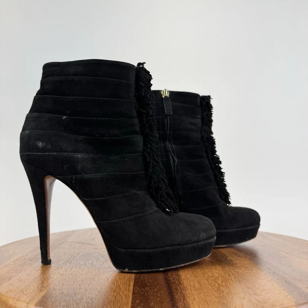 Womens Gucci Black Suede Fringe Trim Platform Heeled Ankle Boots Size EU 37.5